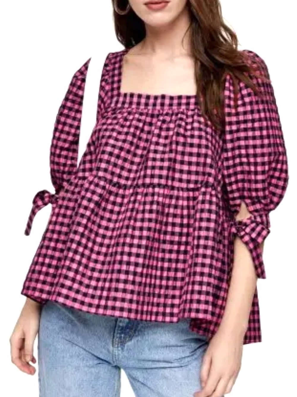 Topshop Sz 6  Pink Gingham Square-Neck Peasant Top Women’s Blouse